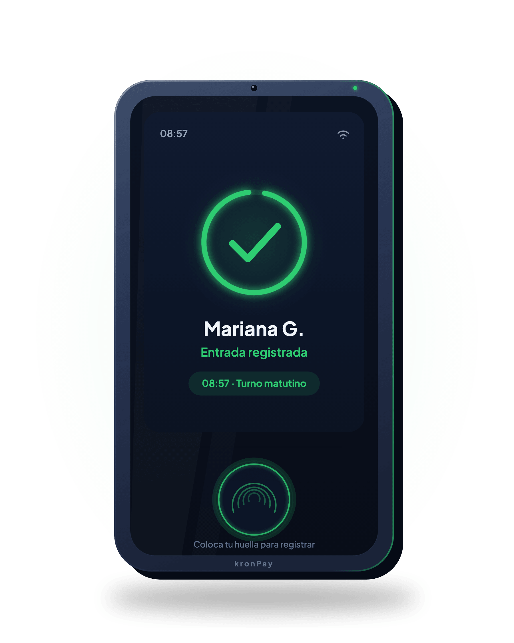 Terminal biométrico kronPay: checador con lector de huella, reconocimiento facial y pantalla táctil mostrando un check-in exitoso